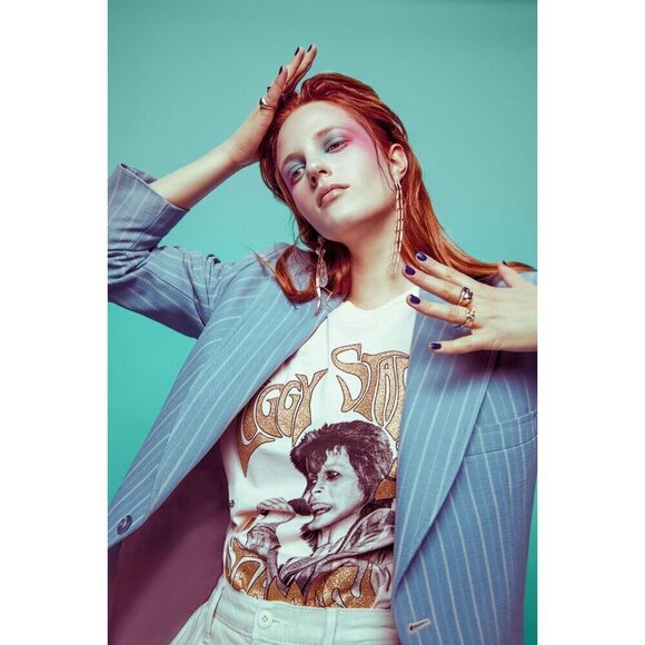 💕BOWIE x MOTHER💕 The Rowdy Glitter Graphic Tee ~ Starman Small XS NWT - Picture 1 of 16